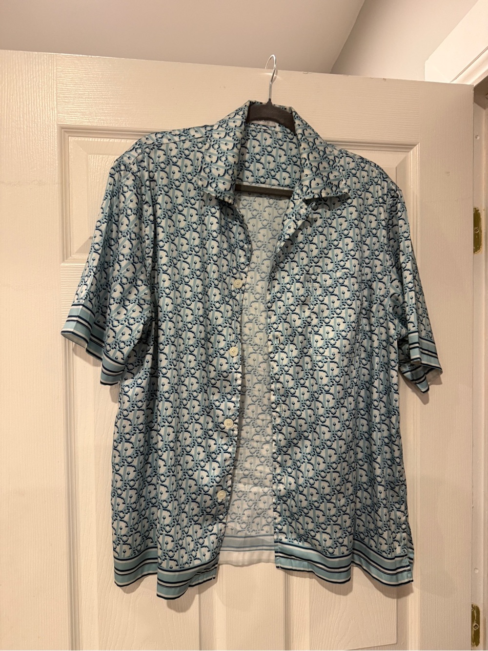 Dior Light Blue All-Over Monogram Short-Sleeve Button-Down Shirt